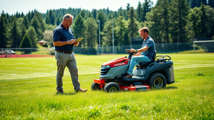 Men discussing on Honda ProZision ZTR mower in a park.