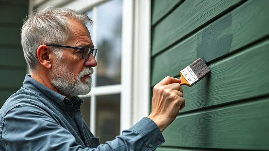 Man painting wooden wall with paint brush accessories outside.