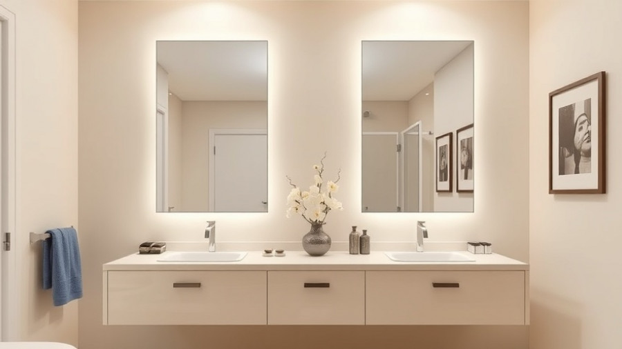 Elegant contemporary bathroom remodel with cream vanity and dual mirrors.