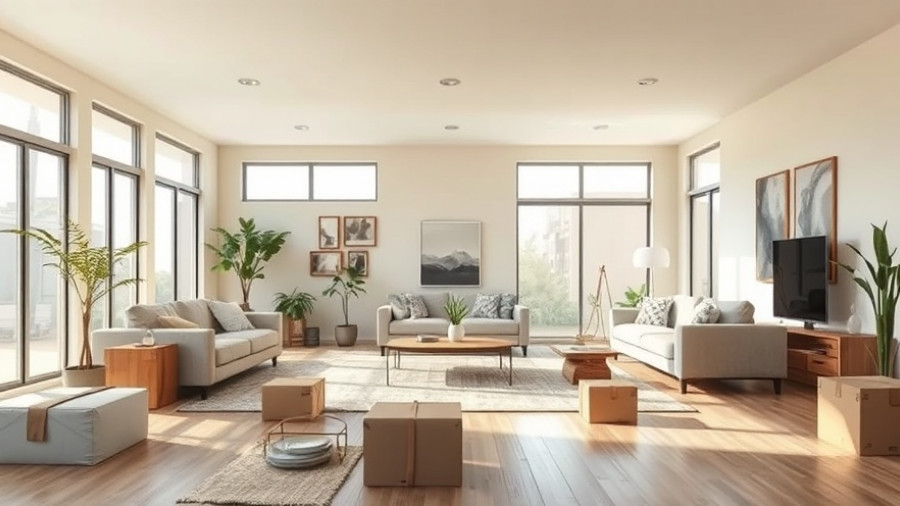 Mid-century modern home staging preparation with packing materials.