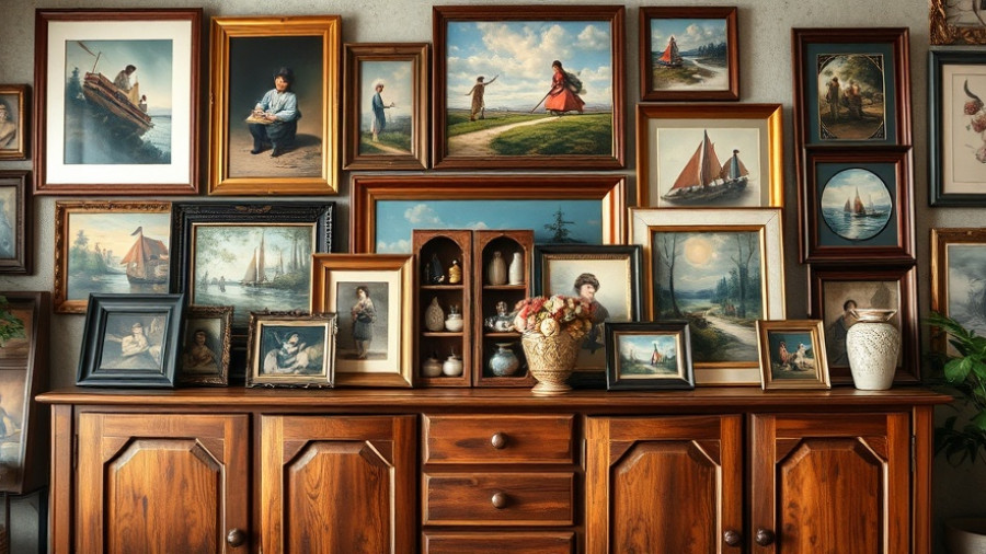 Eclectic framed art collection showcasing diverse styles and Tramp Art Origins.