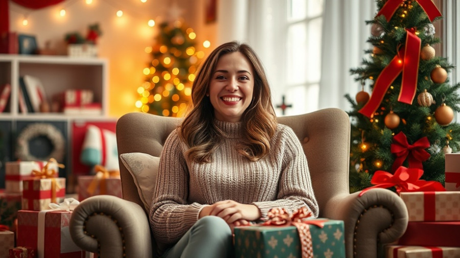 Curated Gift Guide 2025: Woman in cozy chair with gifts and holiday decor.
