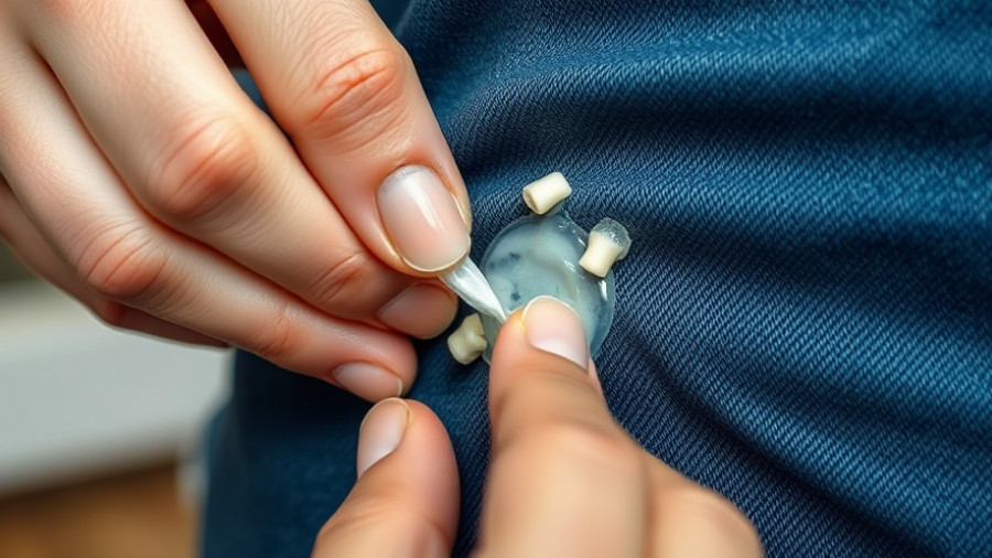 Close-up of hand removing sticky candy from denim to get sticky candy out of clothes.