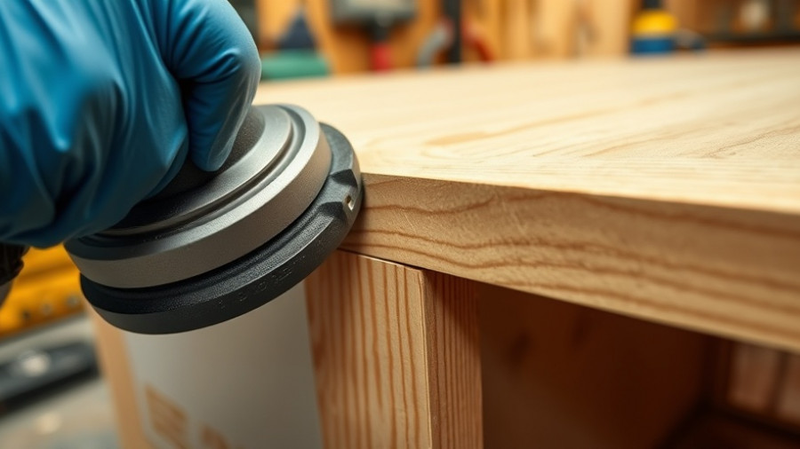 Close-up of sander on cabinet edge, emphasizing sanding tips.