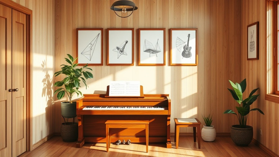 Cozy modern room with a piano and framed sketches, warm ambiance.