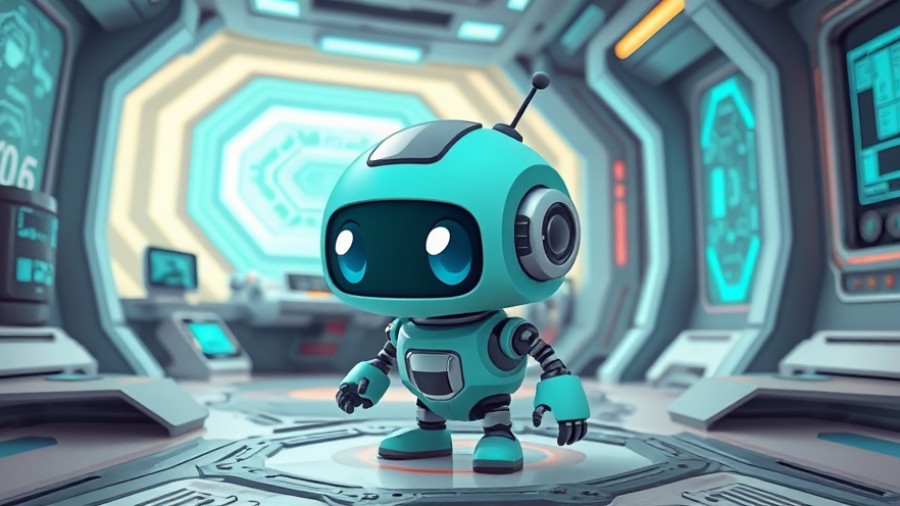 Cartoon teal robot in minimalist futuristic room, IKEA Smart Lighting Compatibility Issues.