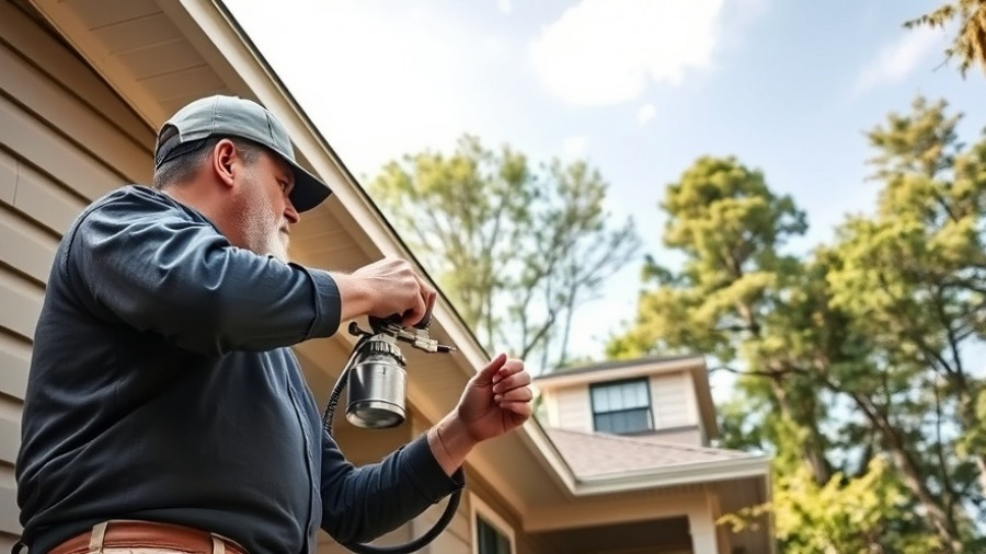Painter demonstrating airless paint spraying techniques on house exterior.