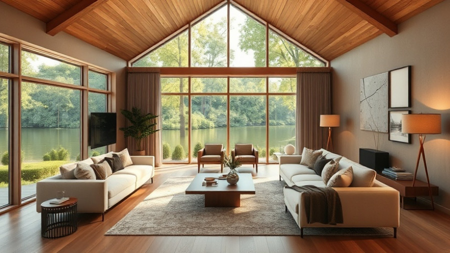 Elegant river house living room reveal with natural views.