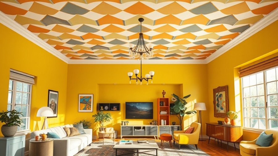 Vibrant living room with ceiling wallpaper ideas and mid-century decor
