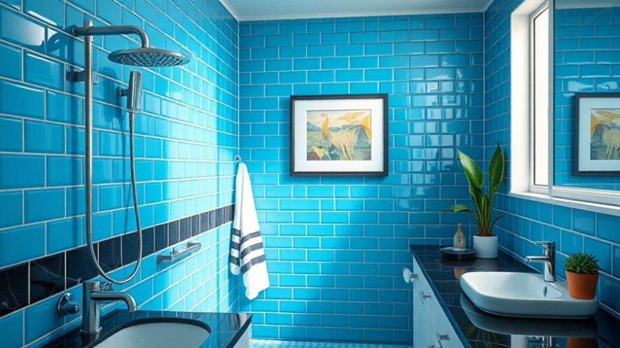 Modern 90s bathroom makeover with blue tiles and sleek decor.