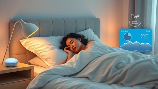 Smart home sleep solutions display with devices and sleep report.