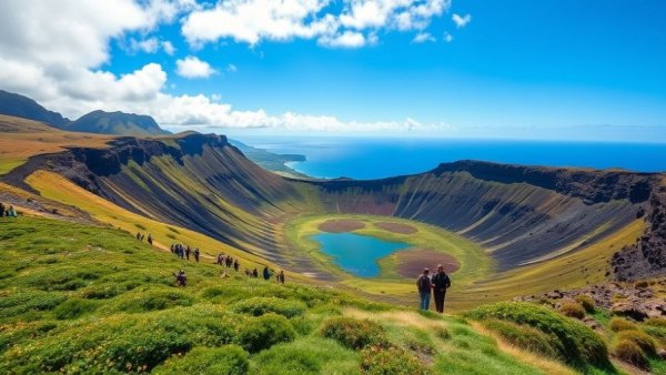 Easter Island crater landscape with hikers, showcasing resilience.