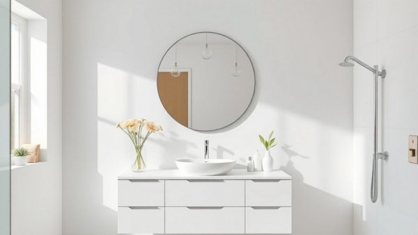 Modern bathroom decor with round mirror and white vanity.