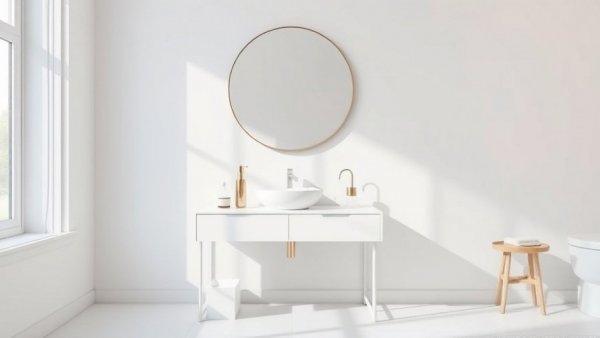 Stylish side table in small, elegant bathroom with round mirror.