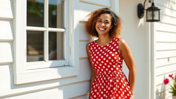 Woman in polka dot dress against white wall, designing a multifunctional guest cottage.