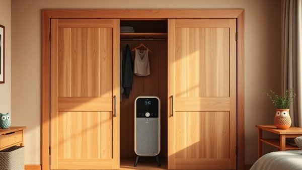 Basic closet before DIY renovations with wooden sliding doors.
