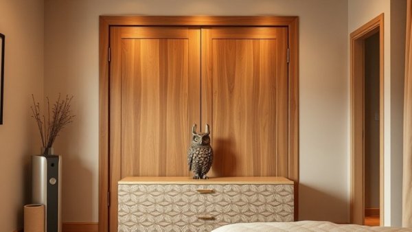 Wooden closet doors with modern decor, considering replacing with curtains.