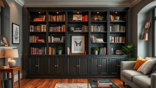 Dark wooden barrister bookcase in stylish living room, under $100.