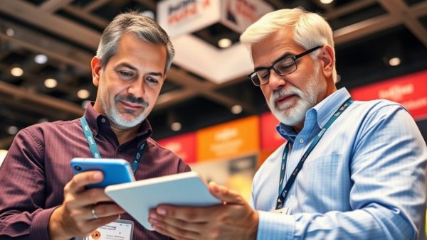 Two men discussing digital business cards at a conference.