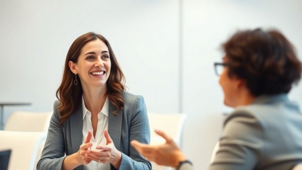 Engaged woman discussing sustainable development finance in office.