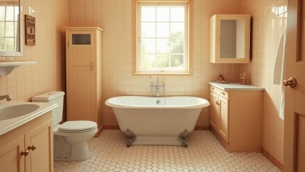 1960s bathroom with beige tiles and vintage fixtures