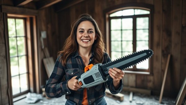 Woman preparing for DIY home demolition in old house.