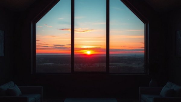 Window highlighting sunset view over horizon, cozy dim interior.