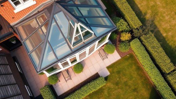 Aerial view of a modern conservatory with a geometric roof and garden.