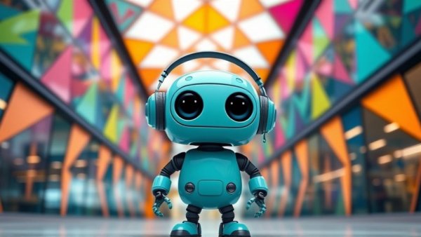 Whimsical teal robot in front of a modern building, digital art.