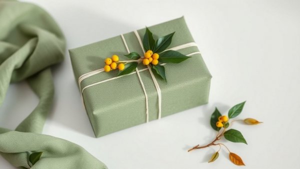 Thoughtful gift wrapped in green fabric with yellow berries and leaves.