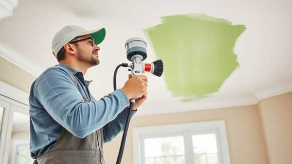 Contractor using Sprayer Saver technology for precise ceiling painting.