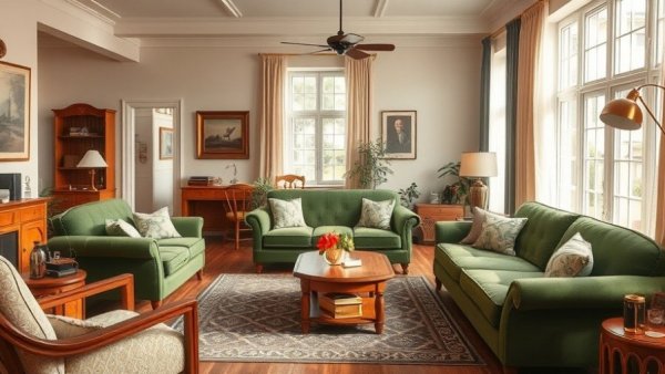 Chic living room with green sofas and hardwood furniture, Affordable Furniture 2025.