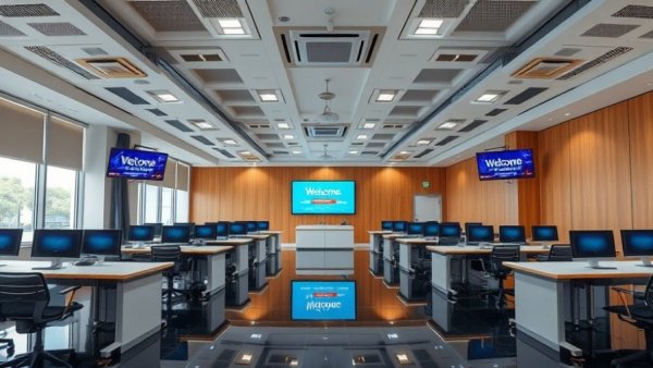 Modern workspace at Kawasaki Engines Training Center with digital displays.