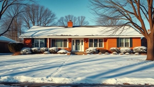 1950s ranch home with snowy yard under winter sun.