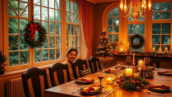 Festive dining room with holiday decorating hacks, featuring warm lighting and elegant décor.