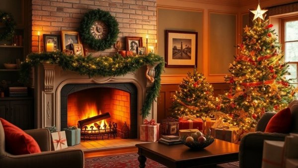Cozy living room with vintage holiday decor and festive fireplace.