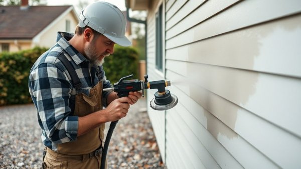 Craftsman using paint sprayer with angle adapter on building