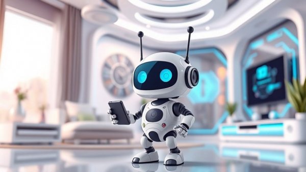 Cute cartoon robot in smart home illustrating device binding.