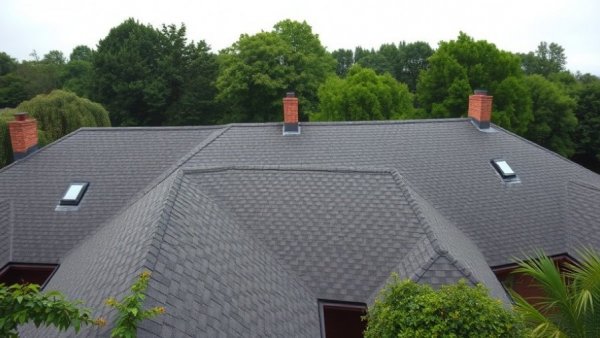 Residential roof showcasing various roof ventilation methods surrounded by trees.