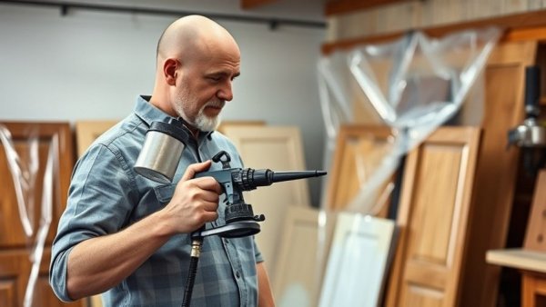Apollo HVLP paint sprayer used on cabinet doors in workshop.