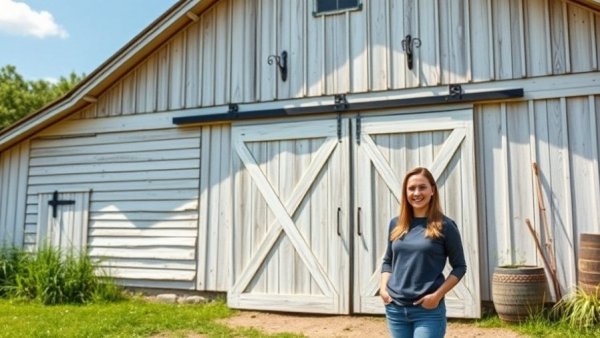 White barn with sliding door and woman smiling outside.