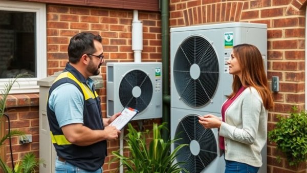 Modern air source heat pump with technician and woman outside a house.