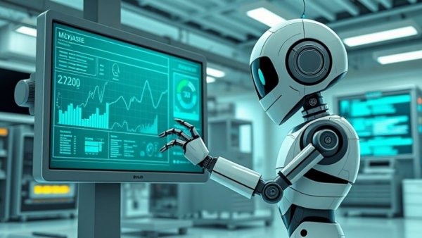 Cartoon robot in a futuristic home lab setup.