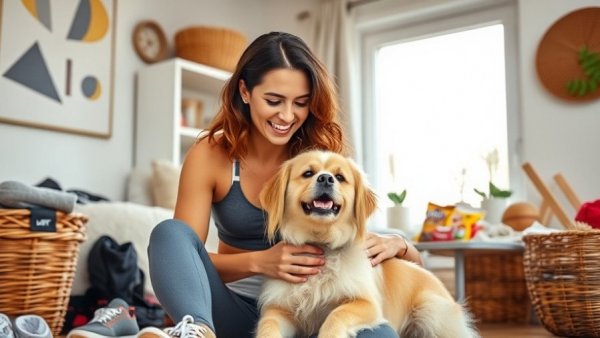 Woman with fitness gear and dog, showcasing best fitness apps and equipment for 2026.