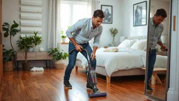 Man using Dyson vacuum in bedroom, showcasing product use and Dyson vacuum sales.