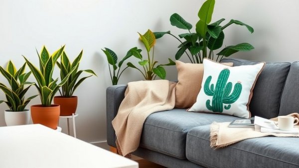 Modern living room with plants; home staging tips display.