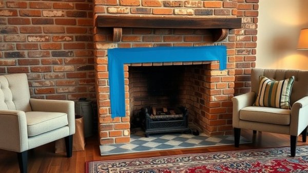 1970s brick fireplace before makeover, outlined with blue tape.