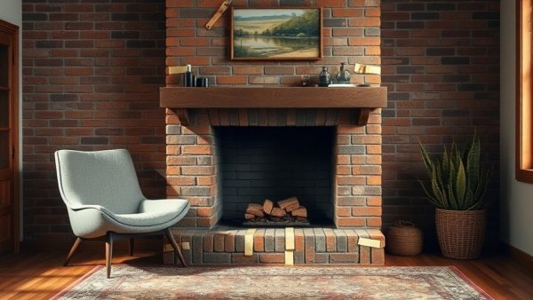 1970s fireplace makeover preparation with taped brick.