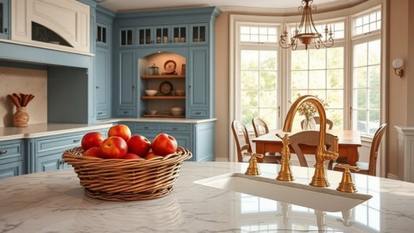 Elegant kitchen design with marble and brass accents.