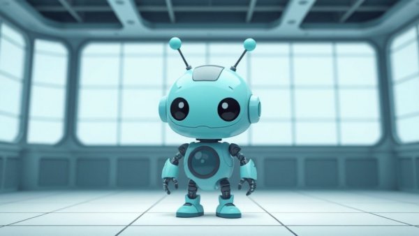 Cute turquoise robot in a futuristic cartoon design with geometric background.